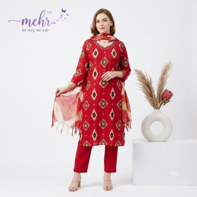 Mehr Vatican Discharge Print Handwork Kurti Pant with Dupatta Set 