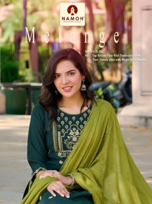 Melange by Namoh Plain with neck embroidered work Kurti pant and dupatta catalogue at low price Amavi