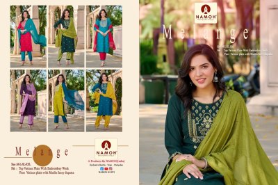 Melange by Namoh Plain with neck embroidered work Kurti pant and dupatta catalogue at low price readymade suit catalogs