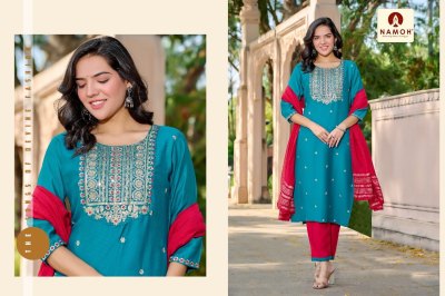 Melange by Namoh Plain with neck embroidered work Kurti pant and dupatta catalogue at low price readymade suit catalogs