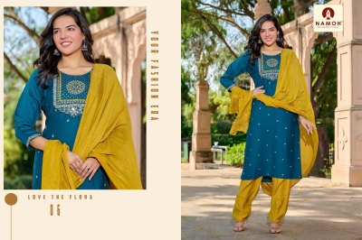 Melange by Namoh Plain with neck embroidered work Kurti pant and dupatta catalogue at low price readymade suit catalogs