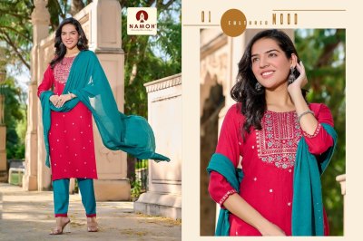 Melange by Namoh Plain with neck embroidered work Kurti pant and dupatta catalogue at low price readymade suit catalogs