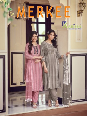 Merkee by Karissa Liva premium reyon Designer kurti pant and dupatta at wholesale rate Karissa 