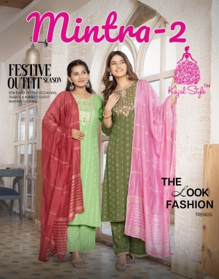 Mintra vol 2 by Kajal style reyon embroidered kurti pant and dupatta catalogue at low rate Amavi
