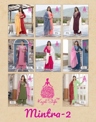 Mintra vol 2 by Kajal style reyon embroidered kurti pant and dupatta catalogue at low rate readymade suit catalogs