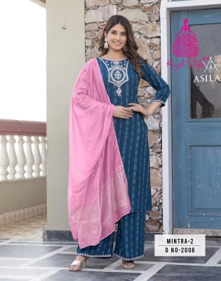 Mintra vol 2 by Kajal style reyon embroidered kurti pant and dupatta catalogue at low rate readymade suit catalogs