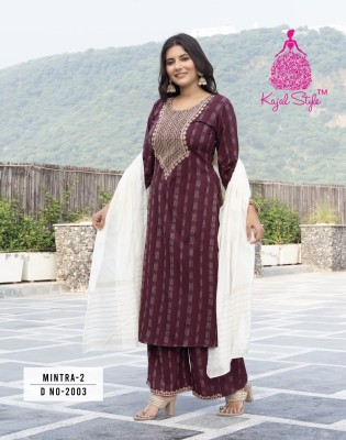 Mintra vol 2 by Kajal style reyon embroidered kurti pant and dupatta catalogue at low rate readymade suit catalogs