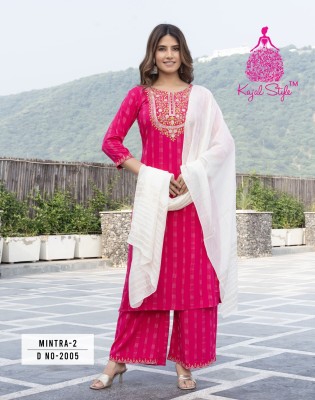 Mintra vol 2 by Kajal style reyon embroidered kurti pant and dupatta catalogue at low rate readymade suit catalogs