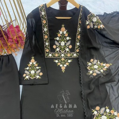 Misbaa by afashana foux georgette with kashida work with inner   kurti pant and dupatta catalog at wholesale rate kurtis catalogs