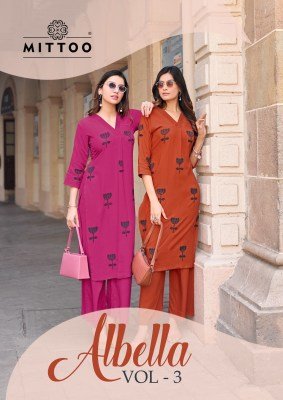 Mittoo Albella Vol  3 Heavy Rayon Thread Work Kurti Pant Set 