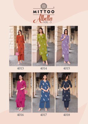 Mittoo Albella Vol  3 Heavy Rayon Thread Work Kurti Pant Set kurtis catalogs