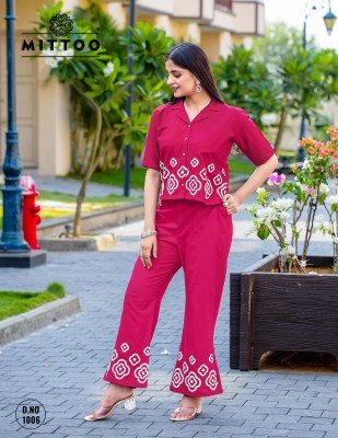 Mittoo Elegant Ruby Cotton Slub Kurta with Thread Work and Matching Bottom Wholesale co ord set catalogs