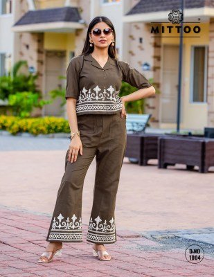 Mittoo Elegant Ruby Cotton Slub Kurta with Thread Work and Matching Bottom Wholesale co ord set catalogs
