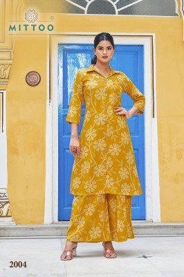 Mittoo Indrani Designer Printed Rayon Top Bottom Wholesale kurtis catalogs