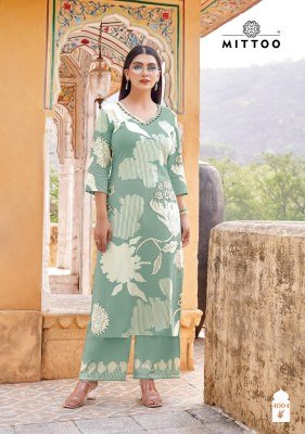 Mittoo Naisha Women   s Rayon Printed Kurti and Pants Set with Hand Embroidery Wholesale kurtis catalogs