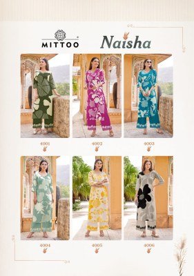 Mittoo Naisha Women   s Rayon Printed Kurti and Pants Set with Hand Embroidery Wholesale kurtis catalogs