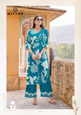 Mittoo Naisha Women   s Rayon Printed Kurti and Pants Set with Hand Embroidery Wholesale kurtis catalogs