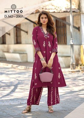Mittoo Vitara Vol. 2 Rayon Print Hand & Thread Work Suit Set kurtis catalogs