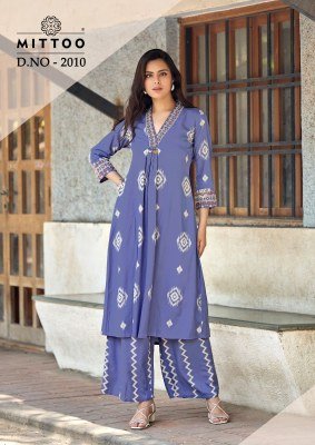 Mittoo Vitara Vol. 2 Rayon Print Hand & Thread Work Suit Set kurtis catalogs