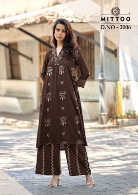 Mittoo Vitara Vol. 2 Rayon Print Hand & Thread Work Suit Set kurtis catalogs