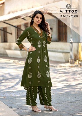 Mittoo Vitara Vol. 2 Rayon Print Hand & Thread Work Suit Set kurtis catalogs