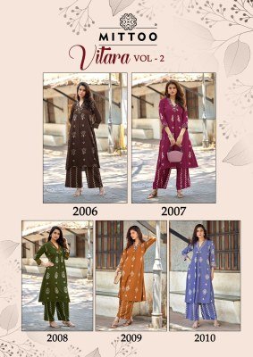 Mittoo Vitara Vol. 2 Rayon Print Hand & Thread Work Suit Set kurtis catalogs
