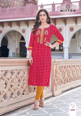 Mittoo by Bandhan vol 4 reyon printed hand embroidered kurti catalogue at wholesale price  kurtis catalogs