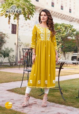 Mittoo by Paaneri rayon handwork embroidered kurti catalogue at affordable rate kurtis catalogs