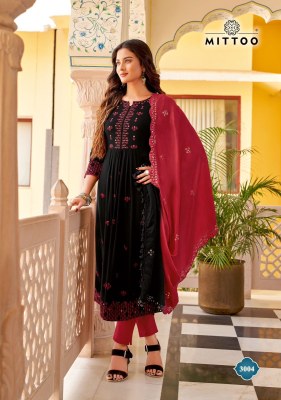 Mittoo by Vivanta wrinkle reyon embroidered long kurti pant and dupatta catalogue at low rate readymade suit catalogs