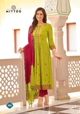 Mittoo by Vivanta wrinkle reyon embroidered long kurti pant and dupatta catalogue at low rate readymade suit catalogs