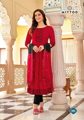Mittoo by Vivanta wrinkle reyon embroidered long kurti pant and dupatta catalogue at low rate readymade suit catalogs
