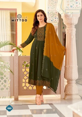 Mittoo by Vivanta wrinkle reyon embroidered long kurti pant and dupatta catalogue at low rate readymade suit catalogs