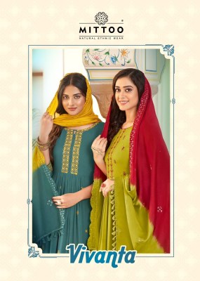 Mittoo by Vivanta wrinkle reyon embroidered long kurti pant and dupatta catalogue at low rate readymade suit catalogs