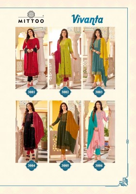 Mittoo by Vivanta wrinkle reyon embroidered long kurti pant and dupatta catalogue at low rate readymade suit catalogs
