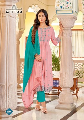 Mittoo by Vivanta wrinkle reyon embroidered long kurti pant and dupatta catalogue at low rate readymade suit catalogs