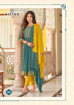 Mittoo by Vivanta wrinkle reyon embroidered long kurti pant and dupatta catalogue at low rate readymade suit catalogs