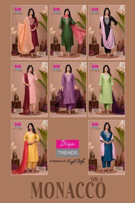 Monacco Vol 1 by Diya Trends Straight Kurti Pant and Dupatta catalogue at affordable rate  readymade suit catalogs