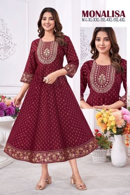 Monalisa present heavy rayon gold printed embroidered kurti ctalogue at low rate kurtis catalogs