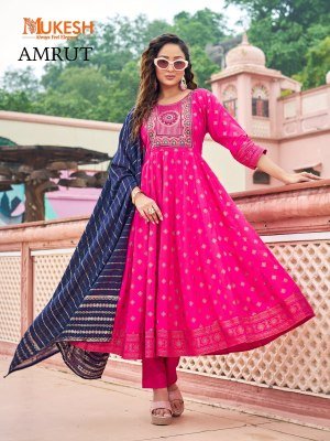 Mukesh Amrut Rayon Gown Set with Heavy Sequin Embroidery And Color Foil Print Pant And Pure Viscose Chanderi Dupatta Wholesale kurtis catalogs