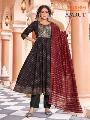 Mukesh Amrut Rayon Gown Set with Heavy Sequin Embroidery And Color Foil Print Pant And Pure Viscose Chanderi Dupatta Wholesale kurtis catalogs