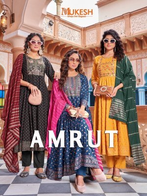 Mukesh Amrut Rayon Gown Set with Heavy Sequin Embroidery And Color Foil Print Pant And Pure Viscose Chanderi Dupatta Wholesale kurtis catalogs
