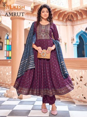 Mukesh Amrut Rayon Gown Set with Heavy Sequin Embroidery And Color Foil Print Pant And Pure Viscose Chanderi Dupatta Wholesale kurtis catalogs