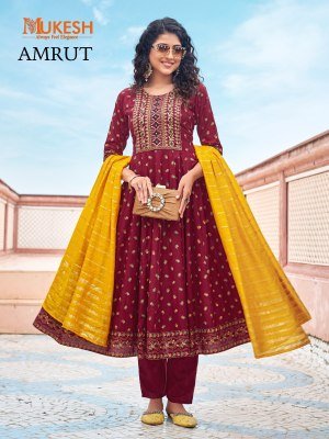 Mukesh Amrut Rayon Gown Set with Heavy Sequin Embroidery And Color Foil Print Pant And Pure Viscose Chanderi Dupatta Wholesale kurtis catalogs