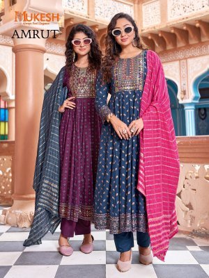 Mukesh Amrut Rayon Gown Set with Heavy Sequin Embroidery And Color Foil Print Pant And Pure Viscose Chanderi Dupatta Wholesale kurtis catalogs
