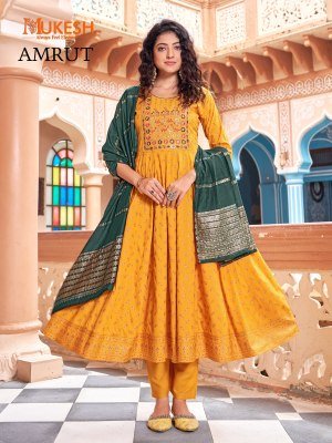Mukesh Amrut Rayon Gown Set with Heavy Sequin Embroidery And Color Foil Print Pant And Pure Viscose Chanderi Dupatta Wholesale kurtis catalogs