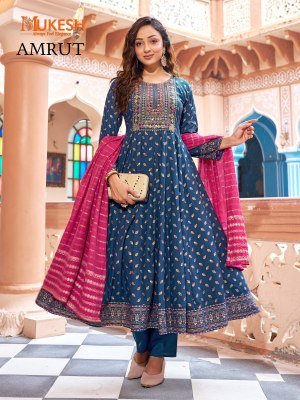 Mukesh Amrut Rayon Gown Set with Heavy Sequin Embroidery And Color Foil Print Pant And Pure Viscose Chanderi Dupatta Wholesale kurtis catalogs