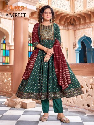 Mukesh Amrut Rayon Gown Set with Heavy Sequin Embroidery And Color Foil Print Pant And Pure Viscose Chanderi Dupatta Wholesale kurtis catalogs