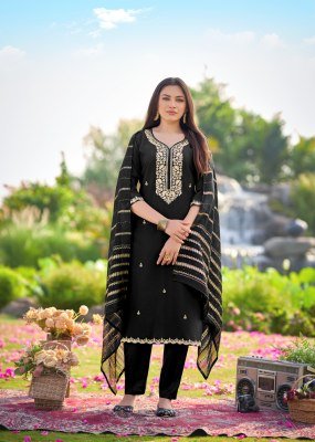 Mukesh Dilbara Premium Simmer Roman Kurti Set with Quarding Embroidery, Fancy Lace Pant And Pure Viscose Jacquard Dupatta Wholesale kurtis catalogs