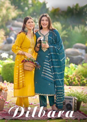 Mukesh Dilbara Premium Simmer Roman Kurti Set with Quarding Embroidery, Fancy Lace Pant And Pure Viscose Jacquard Dupatta Wholesale kurtis catalogs