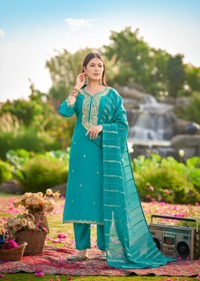 Mukesh Dilbara Premium Simmer Roman Kurti Set with Quarding Embroidery, Fancy Lace Pant And Pure Viscose Jacquard Dupatta Wholesale kurtis catalogs